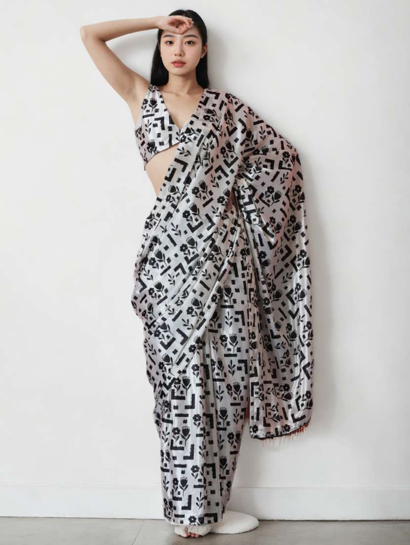 women ikat printed ready to wear saree with blouse - 22074679 -  Zoom Image - 0