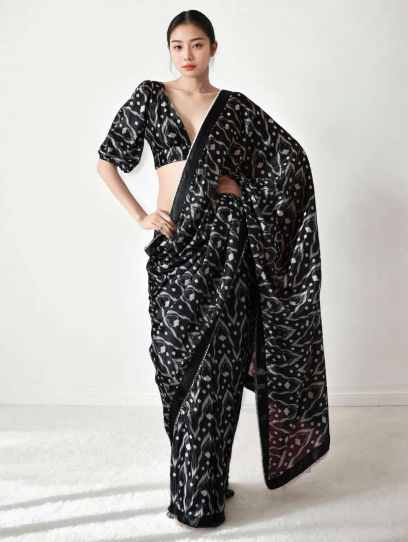 women ikat printed ready to wear saree with blouse - 22074681 -  Zoom Image - 0