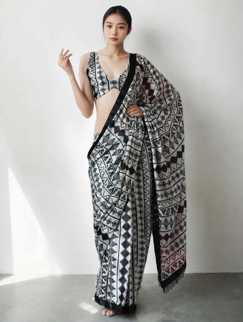 women geometric printed ready to wear saree with blouse - 22074682 -  Standard Image - 0