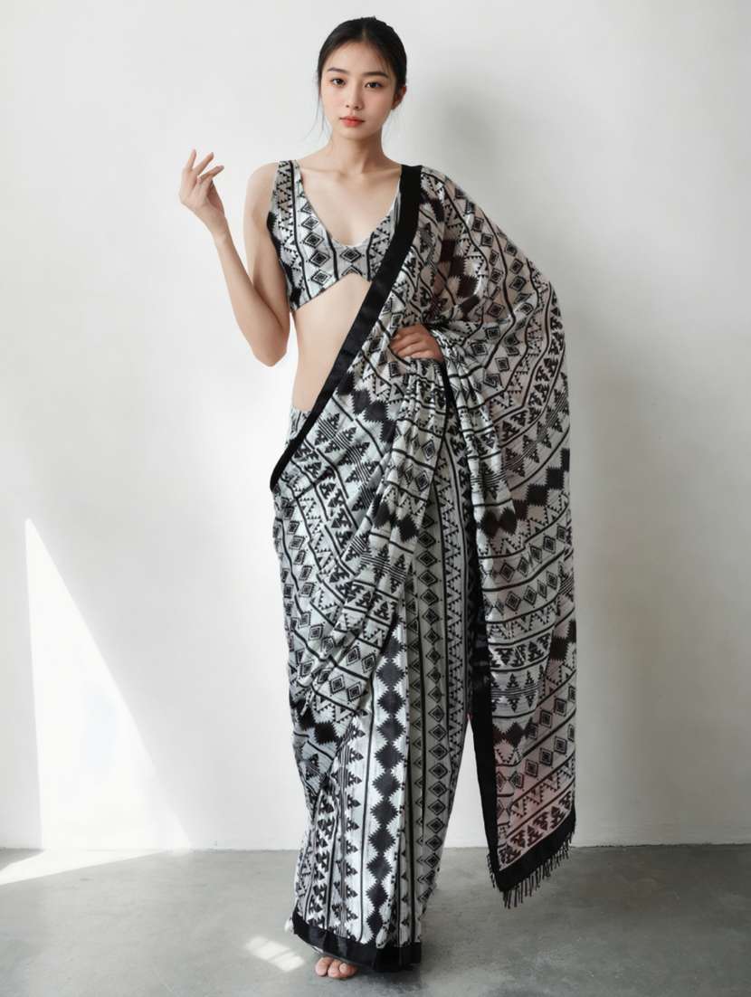 women geometric printed ready to wear saree with blouse - 22074682 -  Zoom Image - 0