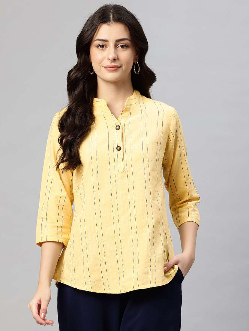 yellow striped mandarin notch neck regular top