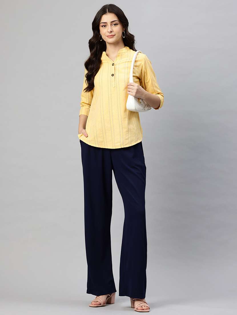 yellow striped mandarin notch neck regular top - 22074686 - Standard Image - 3