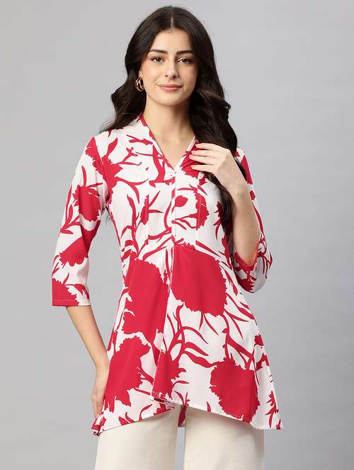 off white floral crepe notch neck top - 22074689 -  Standard Image - 0