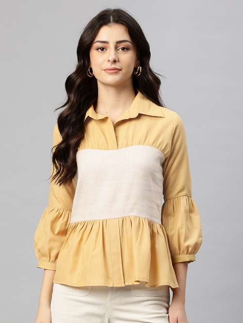 women color blocked puff sleeve peplum top - 22074692 -  Standard Image - 0