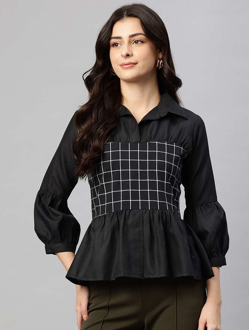 women checkered puff sleeve peplum top - 22074693 -  Zoom Image - 0