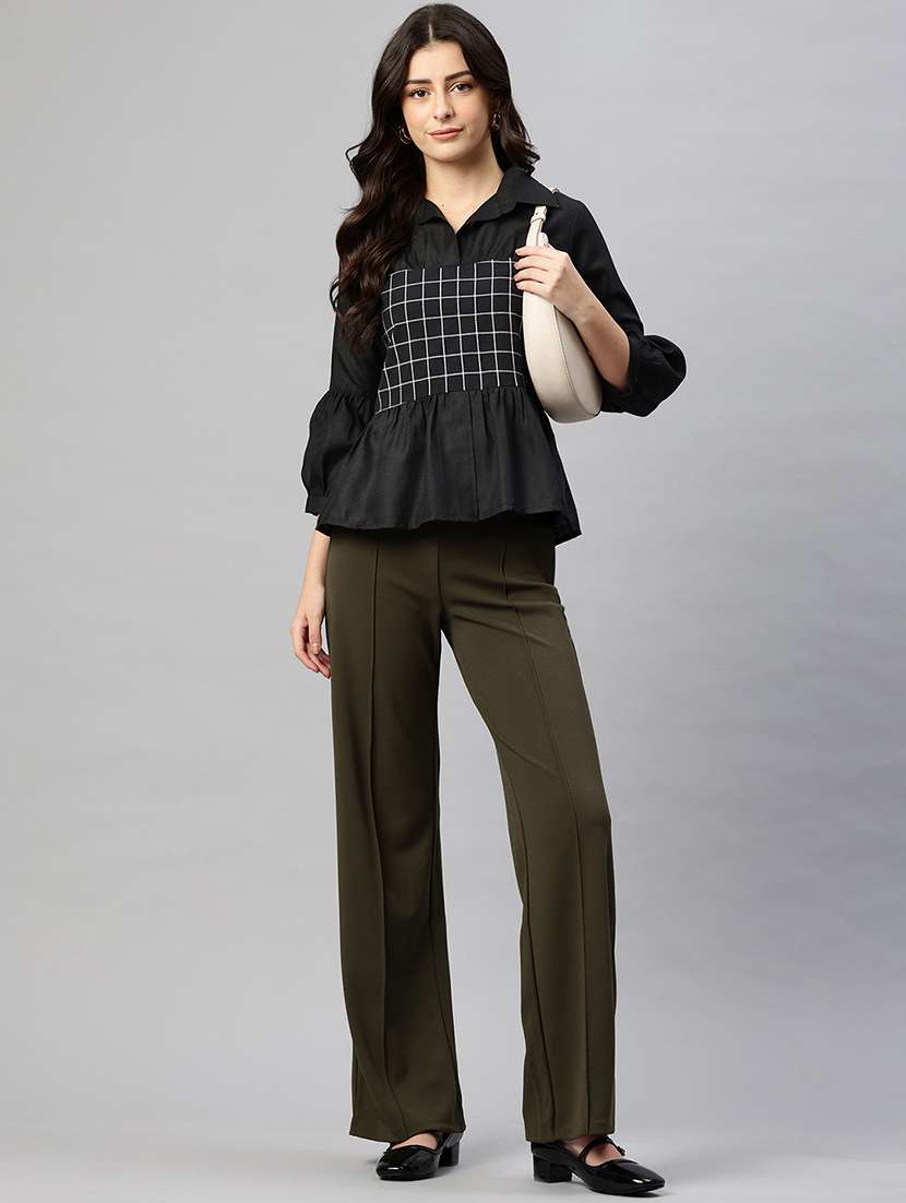 women checkered puff sleeve peplum top - 22074693 - Standard Image - 3