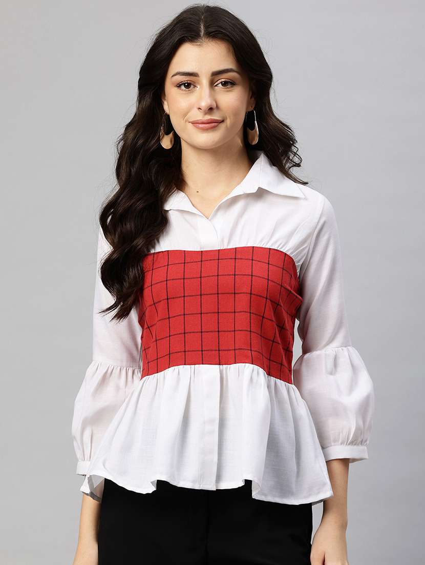 women color blocked puff sleeve peplum top - 22074694 -  Zoom Image - 0