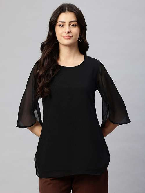 women solid round neck bell sleeve regular top - 22074695 -  Standard Image - 0