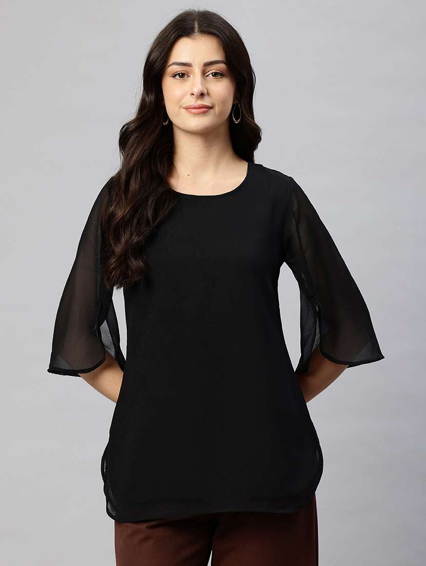 women solid round neck bell sleeve regular top - 22074695 -  Zoom Image - 0