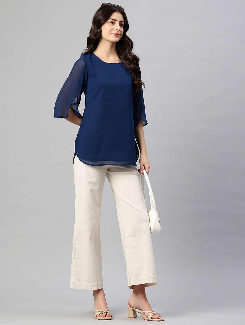 women solid round neck bell sleeve regular top - 22074696 - Standard Image - 3