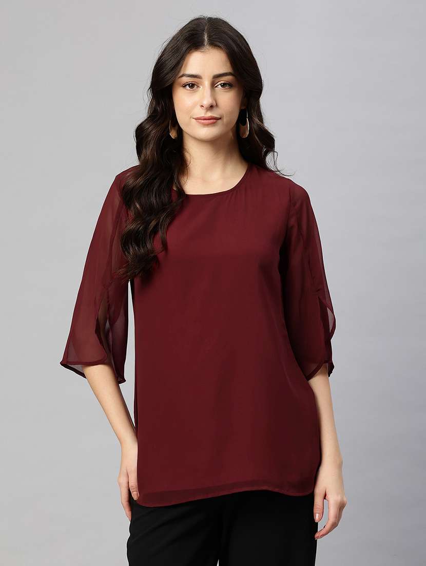 women solid round neck bell sleeve regular top - 22074697 -  Zoom Image - 0
