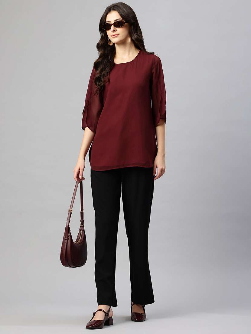 women solid round neck bell sleeve regular top - 22074697 - Standard Image - 3