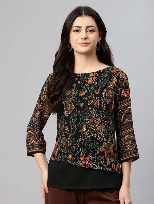 Black Printed Regular Fit Regular Top