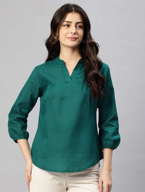 women green notch neck v-neck regular top - 22074701 -  Standard Image - 0