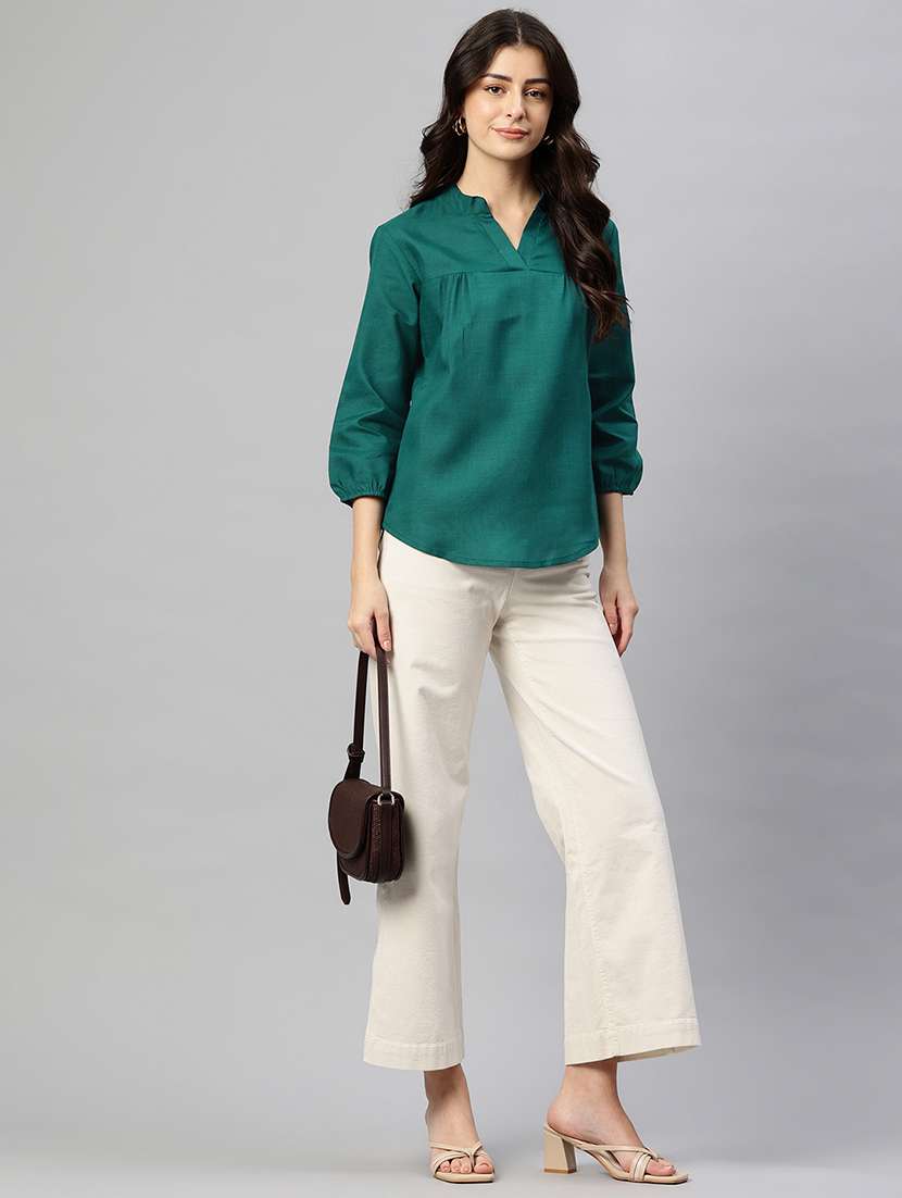 women green notch neck v-neck regular top - 22074701 - Standard Image - 3