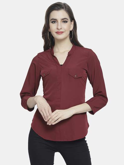 women solid madarin neck regular top - 22074733 -  Standard Image - 0