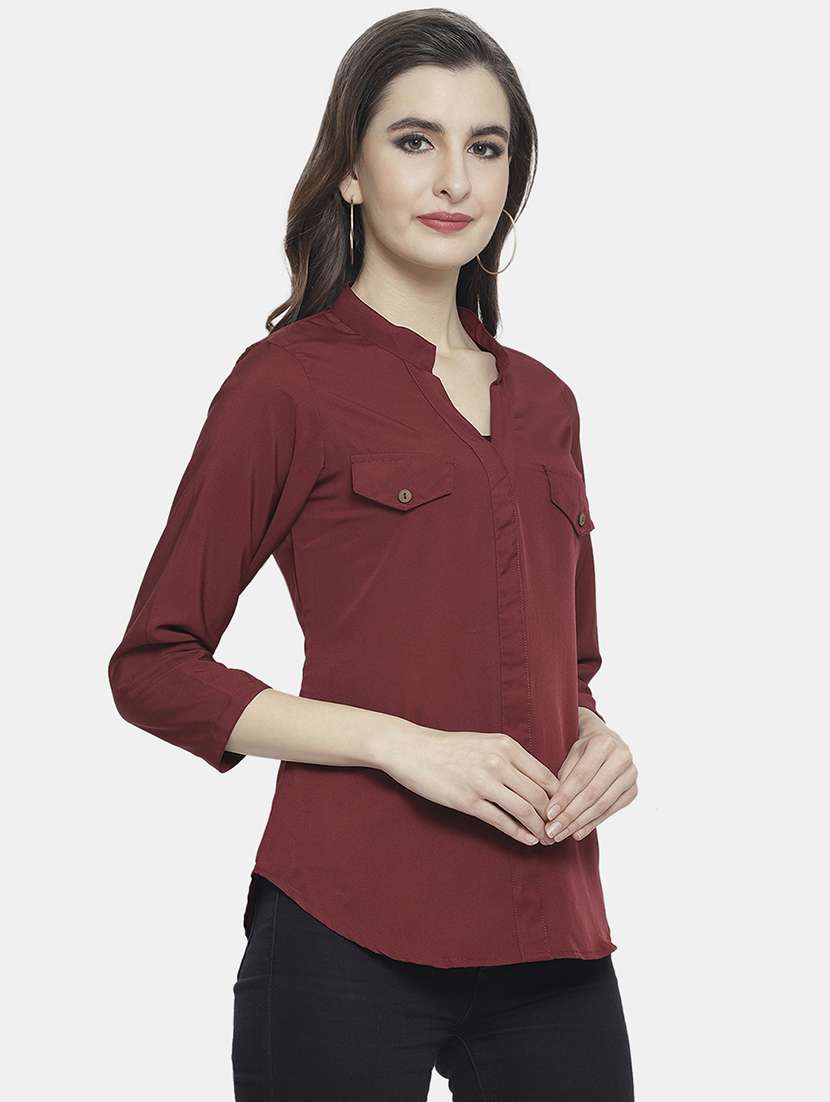 women solid madarin neck regular top - 22074733 -  Standard Image - 3