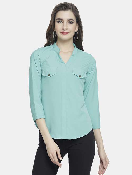 women solid mandarin neck regular top - 22074735 -  Standard Image - 0