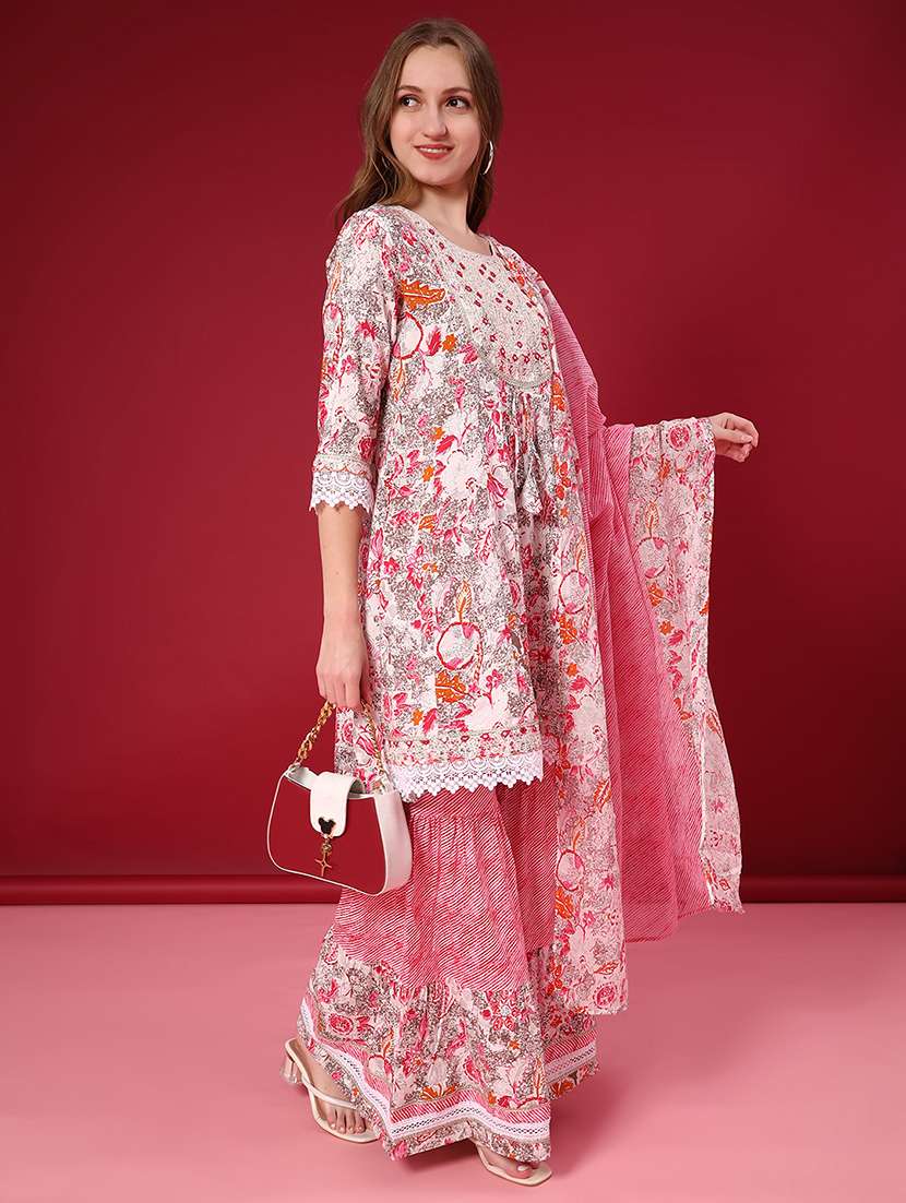 women printed three quarter sleeve kurta sharara with dupatta set