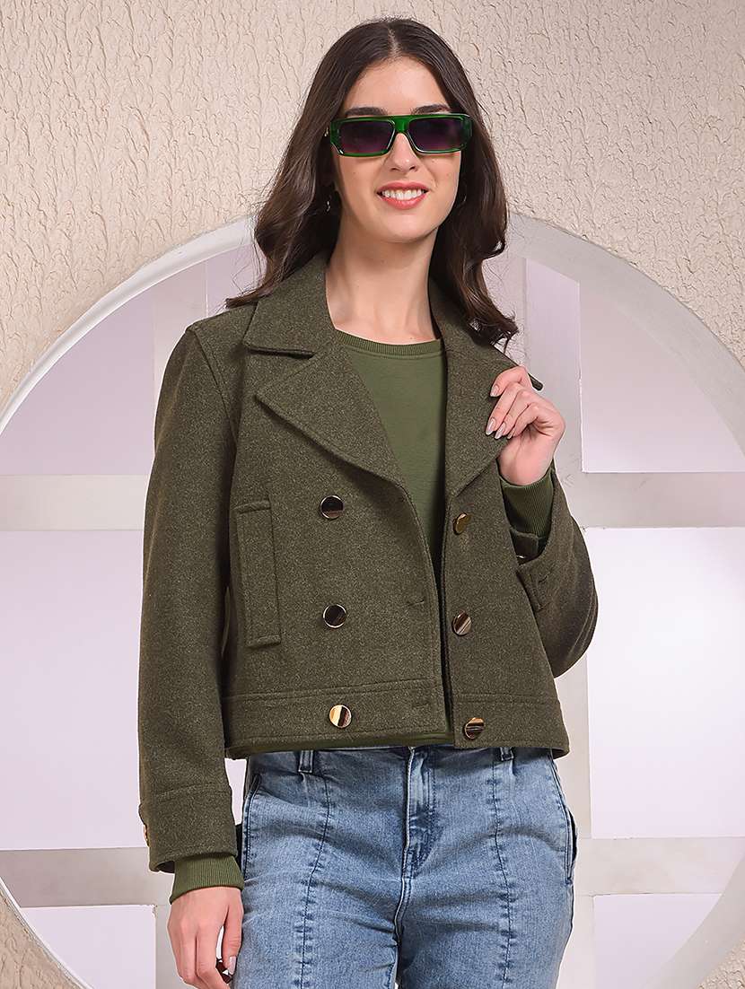 women solid lapel collar double breasted coat