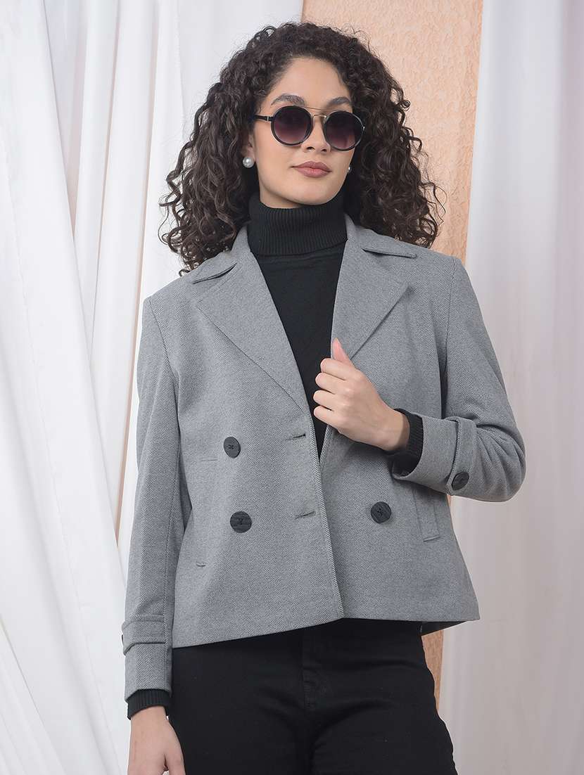 women solid lapel collar double breasted coat