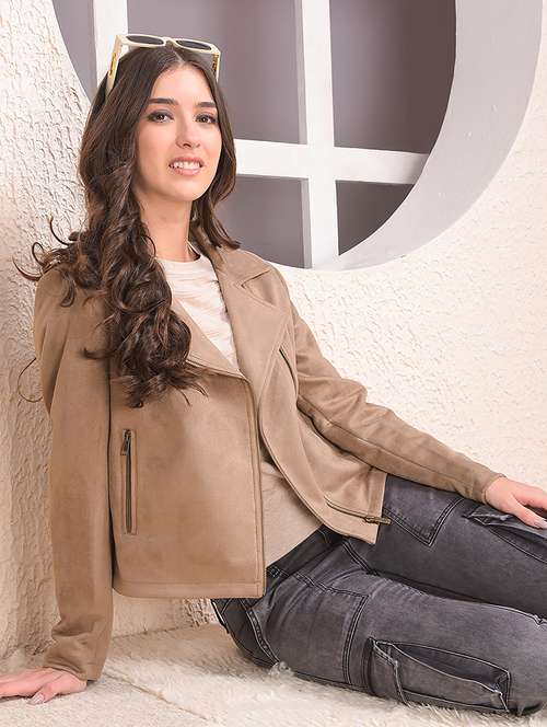 women solid lapel collar long sleeve biker jacket - 22075358 -  Standard Image - 0