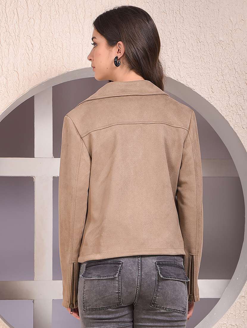 women solid lapel collar long sleeve biker jacket - 22075358 -  Standard Image - 3
