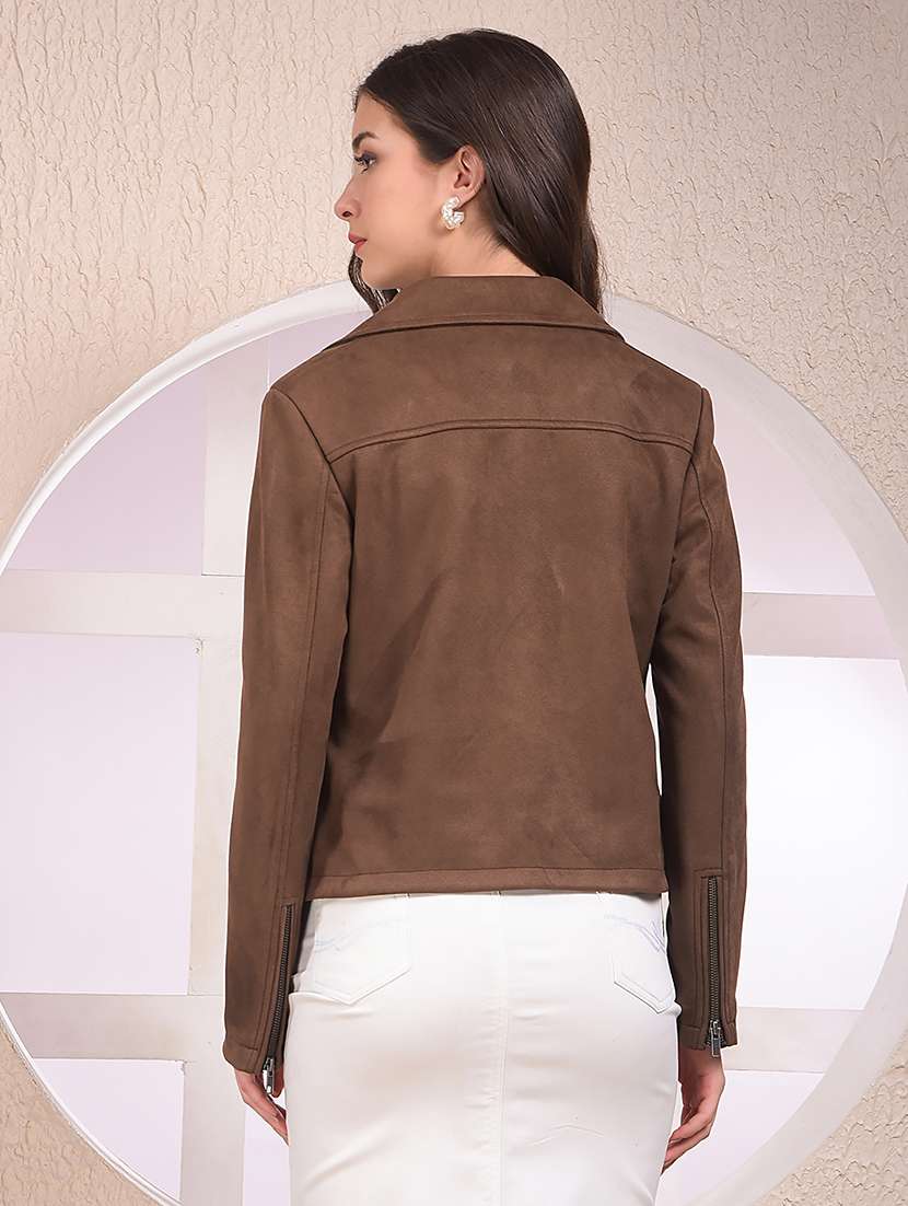 women solid lapel collar long sleeve biker jacket - 22075359 -  Standard Image - 3