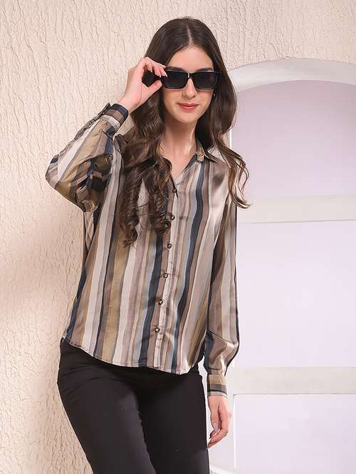 women printed collared long sleeve shirt - 22075385 - Standard Image - 0