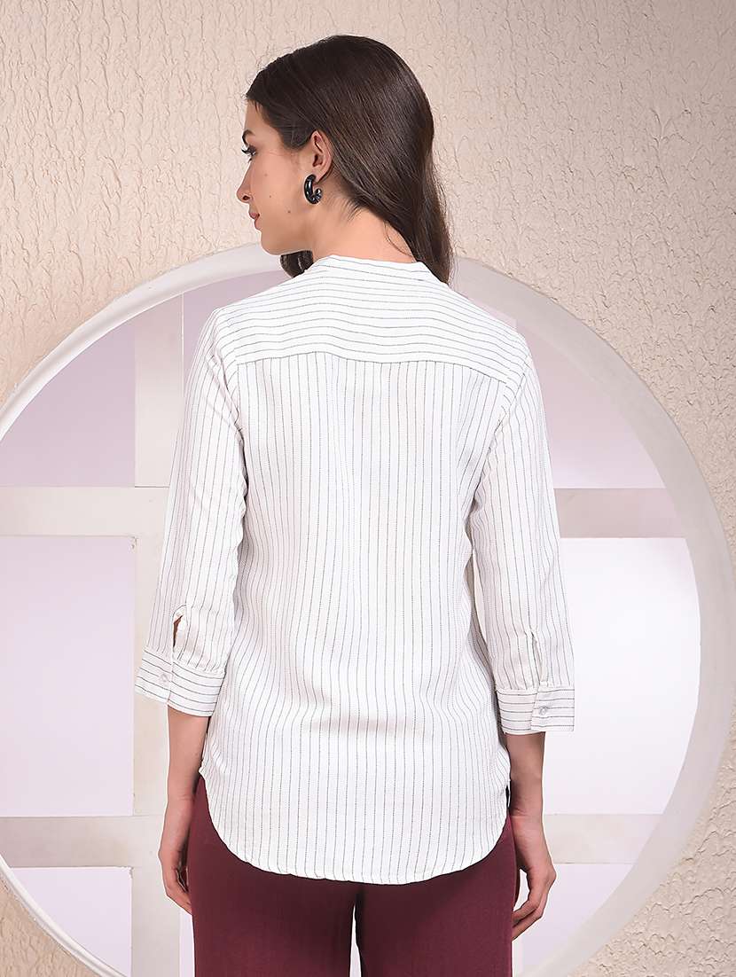 women striped mandarin collar three quarter sleeve shirt - 22075388 - Standard Image - 3