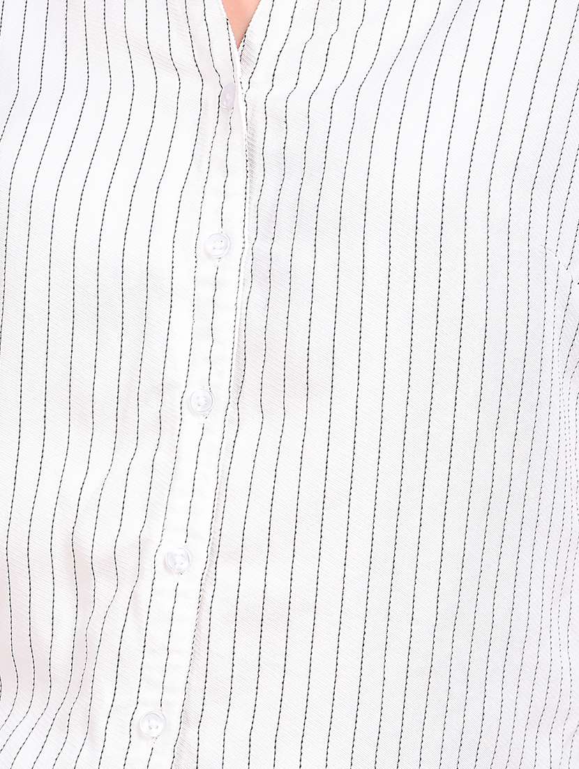 women striped mandarin collar three quarter sleeve shirt - 22075388 - Standard Image - 5