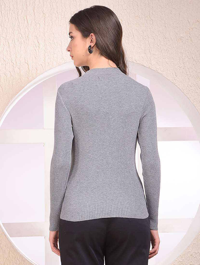 women grey solid long sleeve pullover - 22075394 -  Standard Image - 3