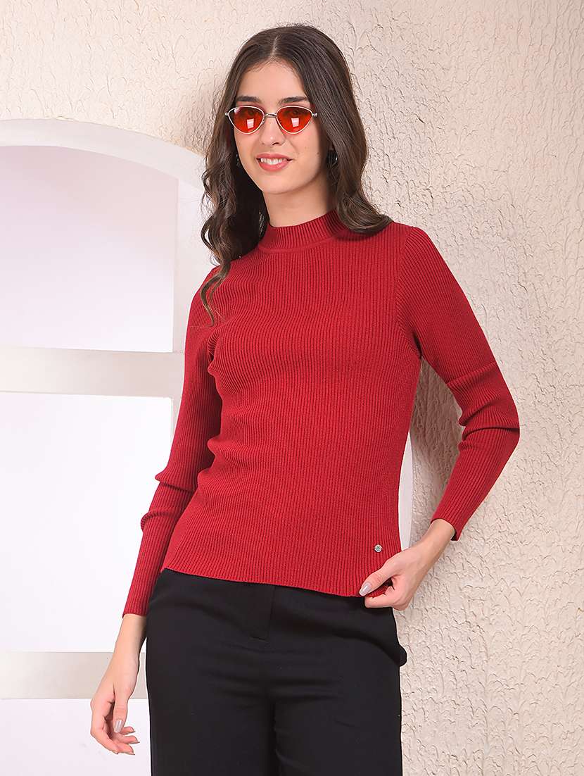 women maroon solid long sleeve pullover