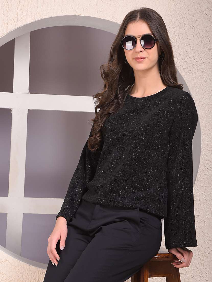 women black self designed long sleeve regular top - 22075434 -  Zoom Image - 0