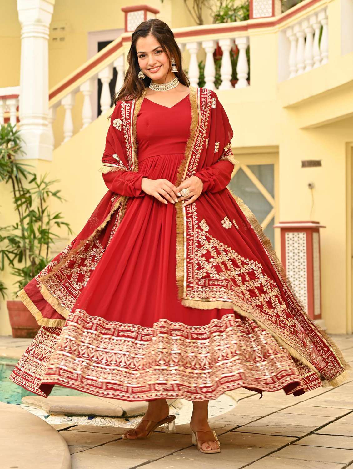 women solid with work long sleeve kurta dupatta set - 22075442 - Zoom Image - 0