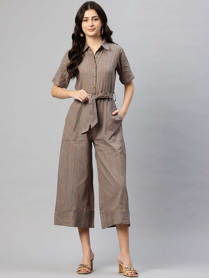 women striped collared short sleeve calf length jumpsuit
