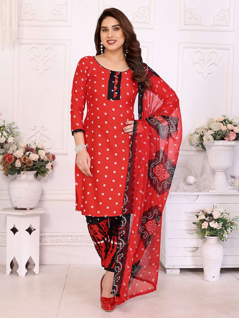 women bandhani printed unstitched suit set