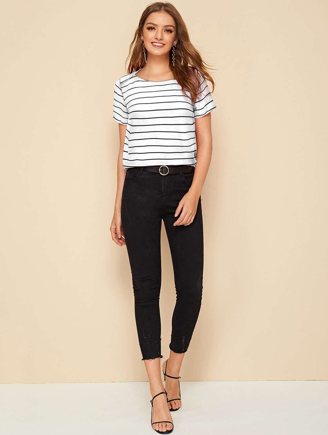 women striped short sleeve regular fit top - 22076094 - Standard Image - 3