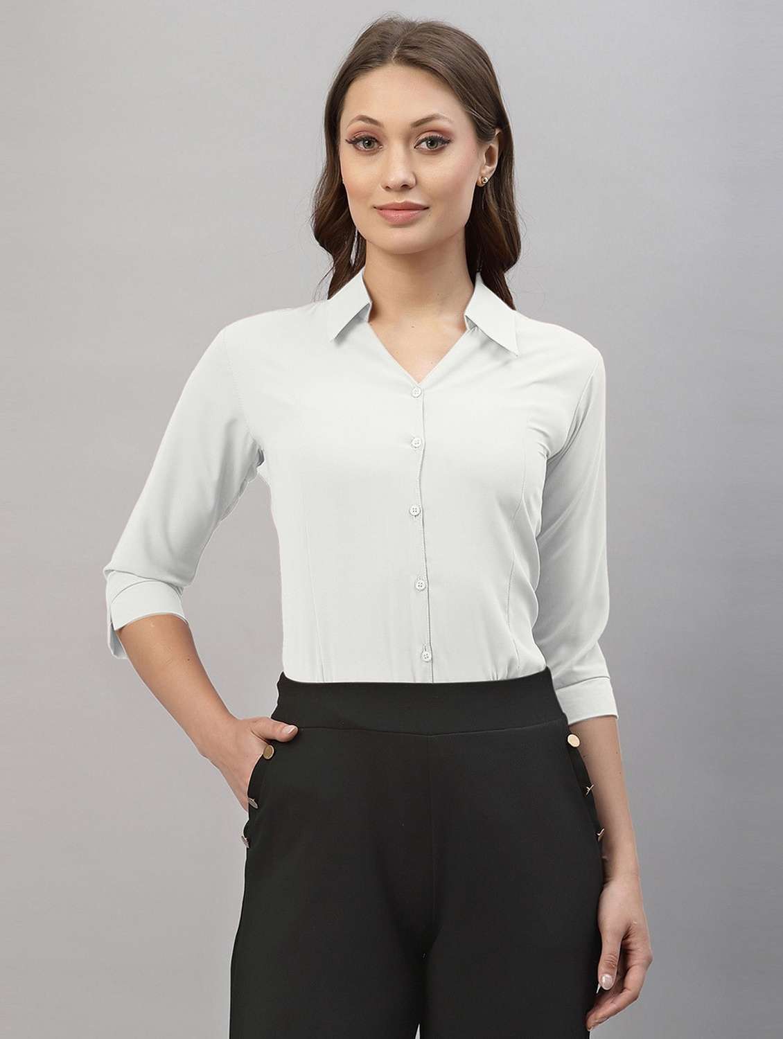 women solid three quarter sleeve collared shirt - 22076294 - Zoom Image - 0