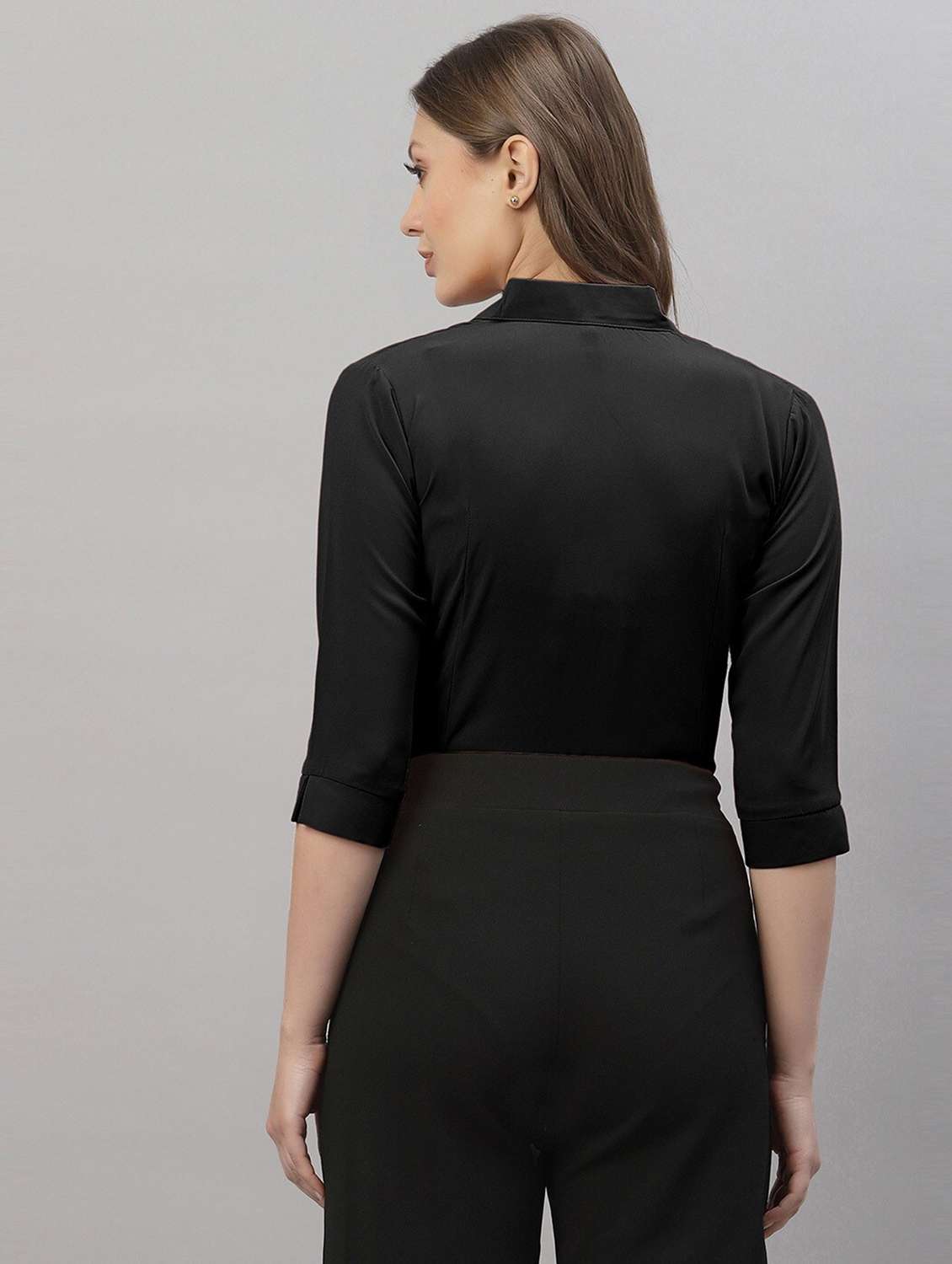women solid three quarter sleeve collared shirt - 22076295 - Standard Image - 3