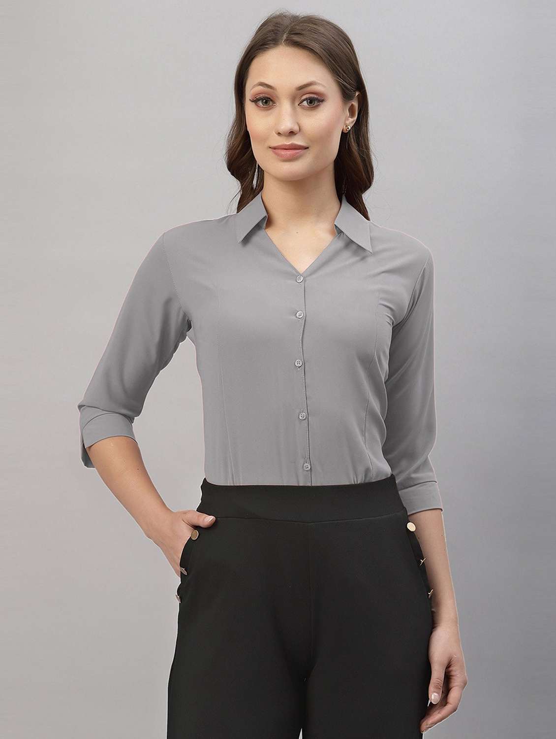 women solid three quarter sleeve collared shirt