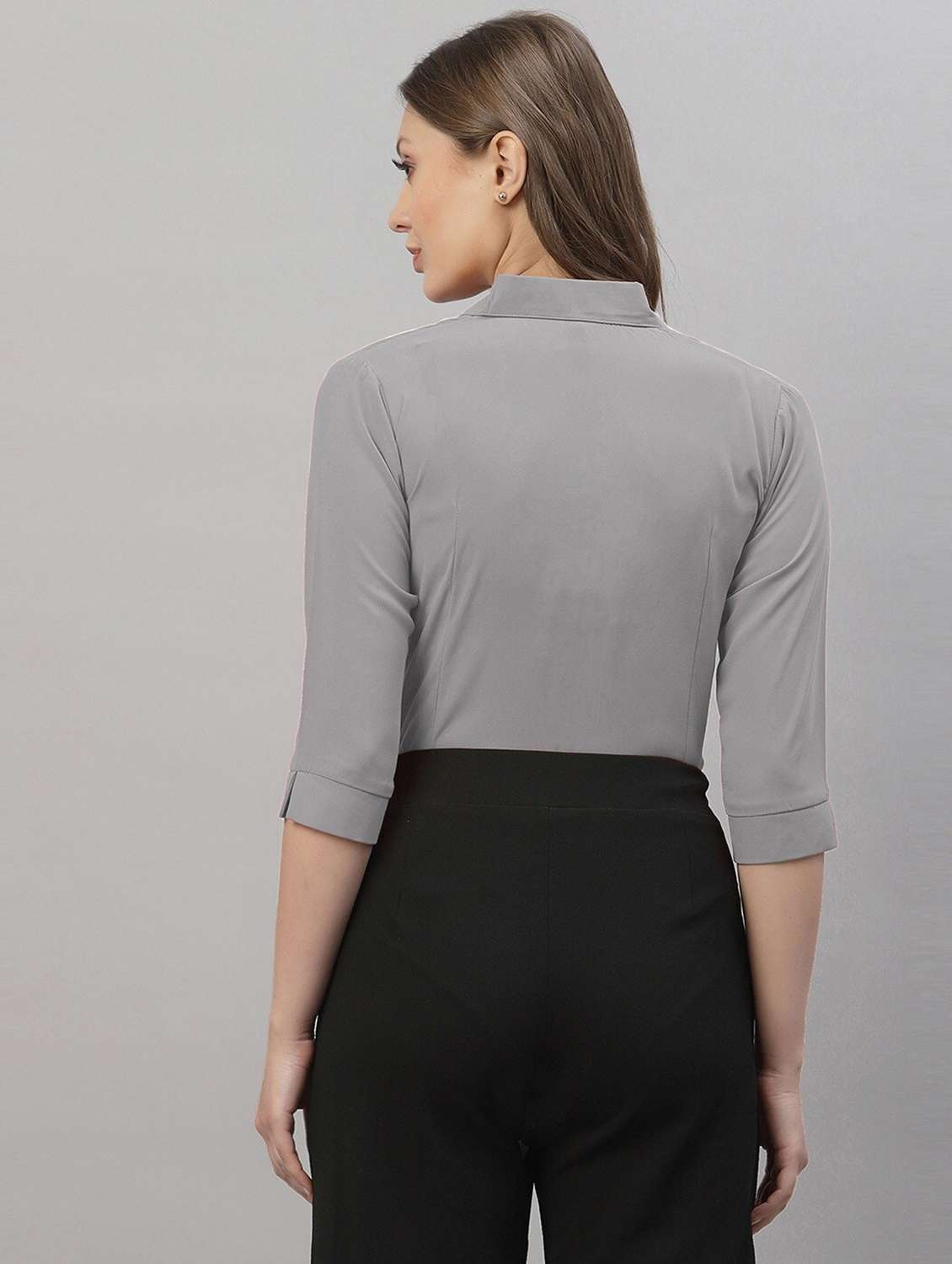 women solid three quarter sleeve collared shirt - 22076297 - Standard Image - 3