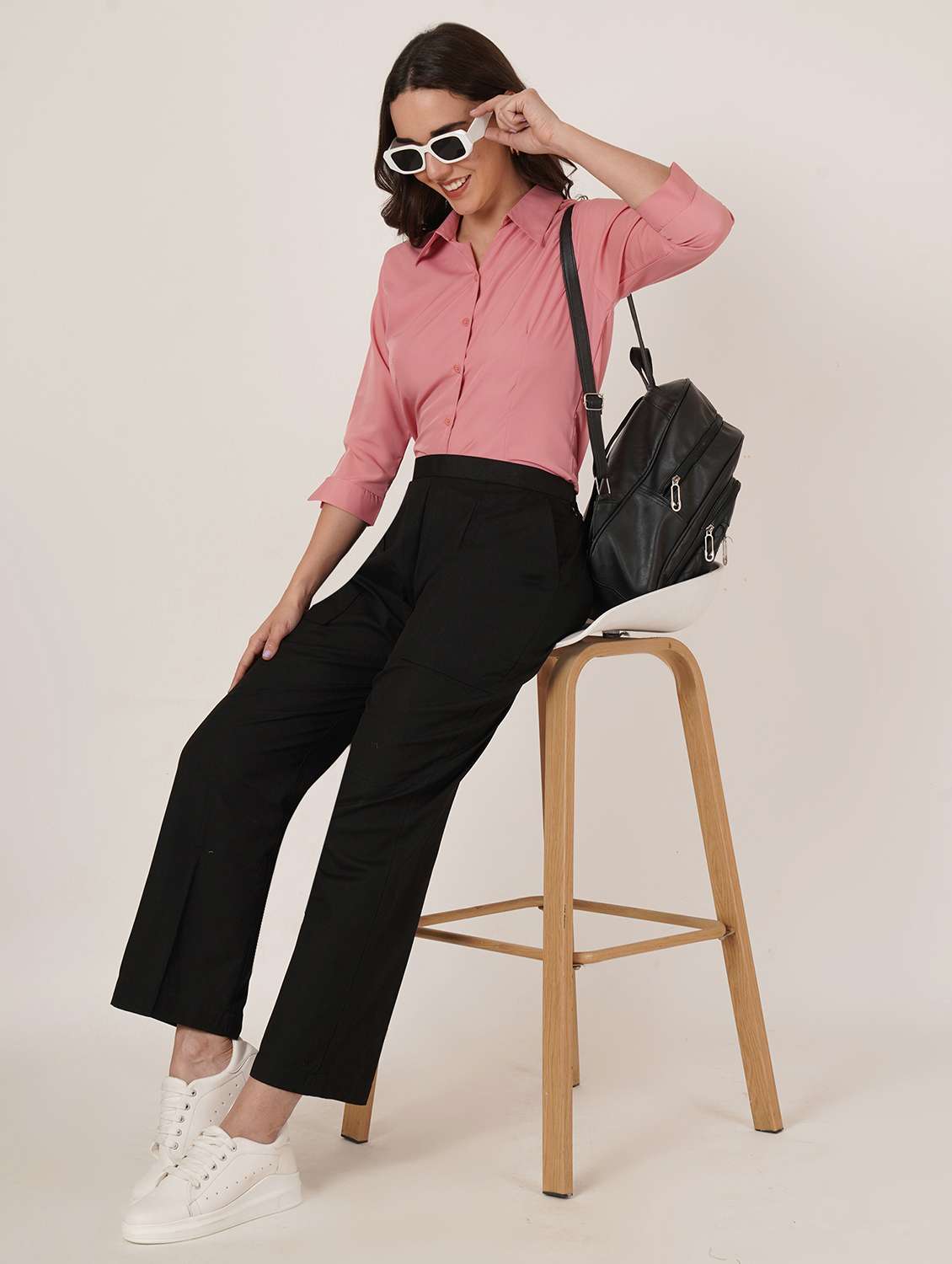 women solid three quarter sleeve collared shirt - 22076300 - Standard Image - 5