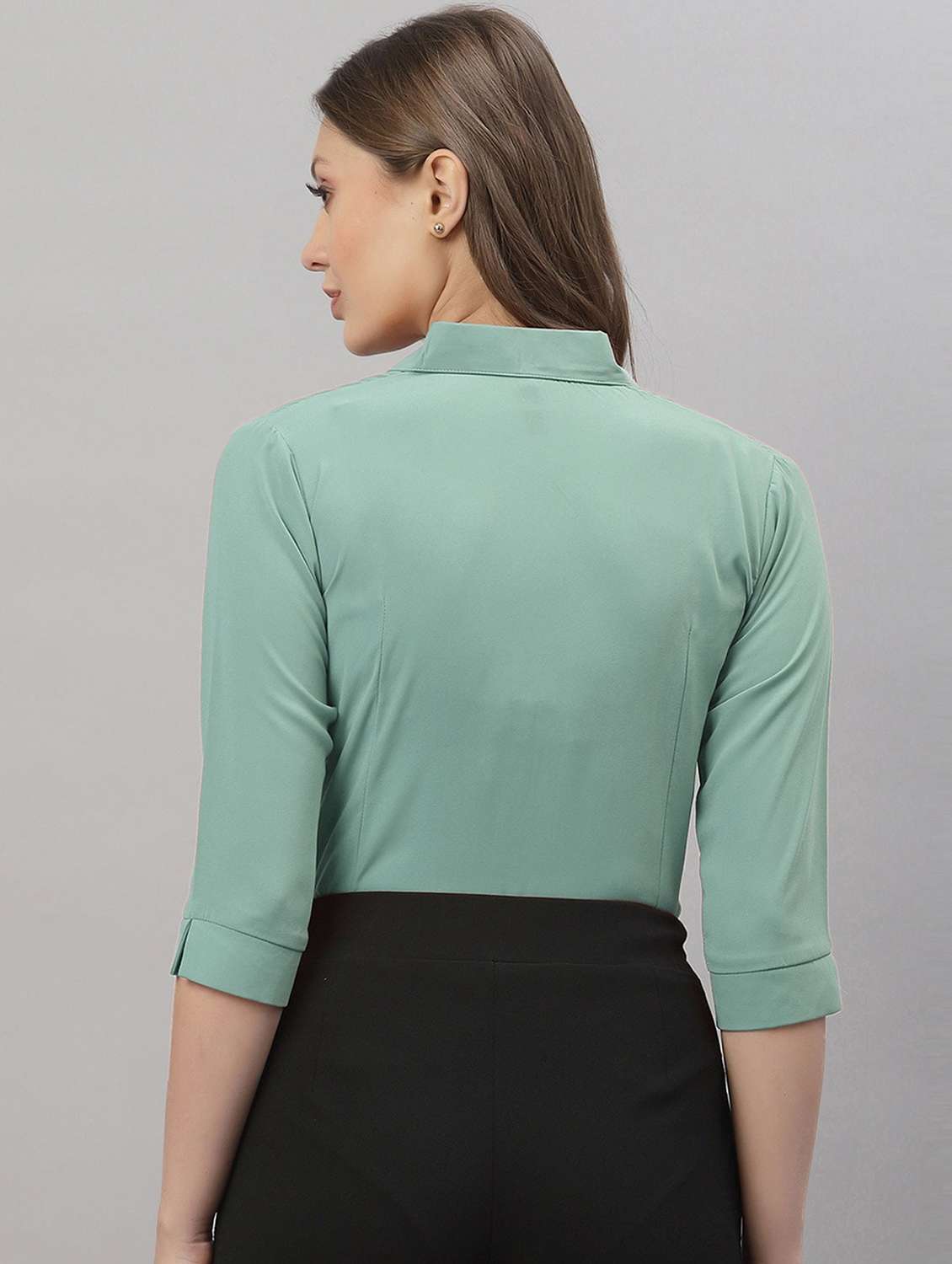 women solid three quarter sleeve collared shirt - 22076344 - Standard Image - 3