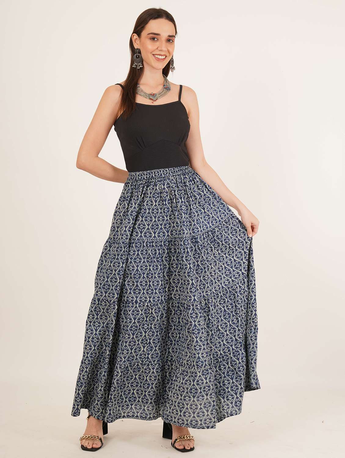 women printed high rise tiered maxi skirt - 22076353 - Standard Image - 3