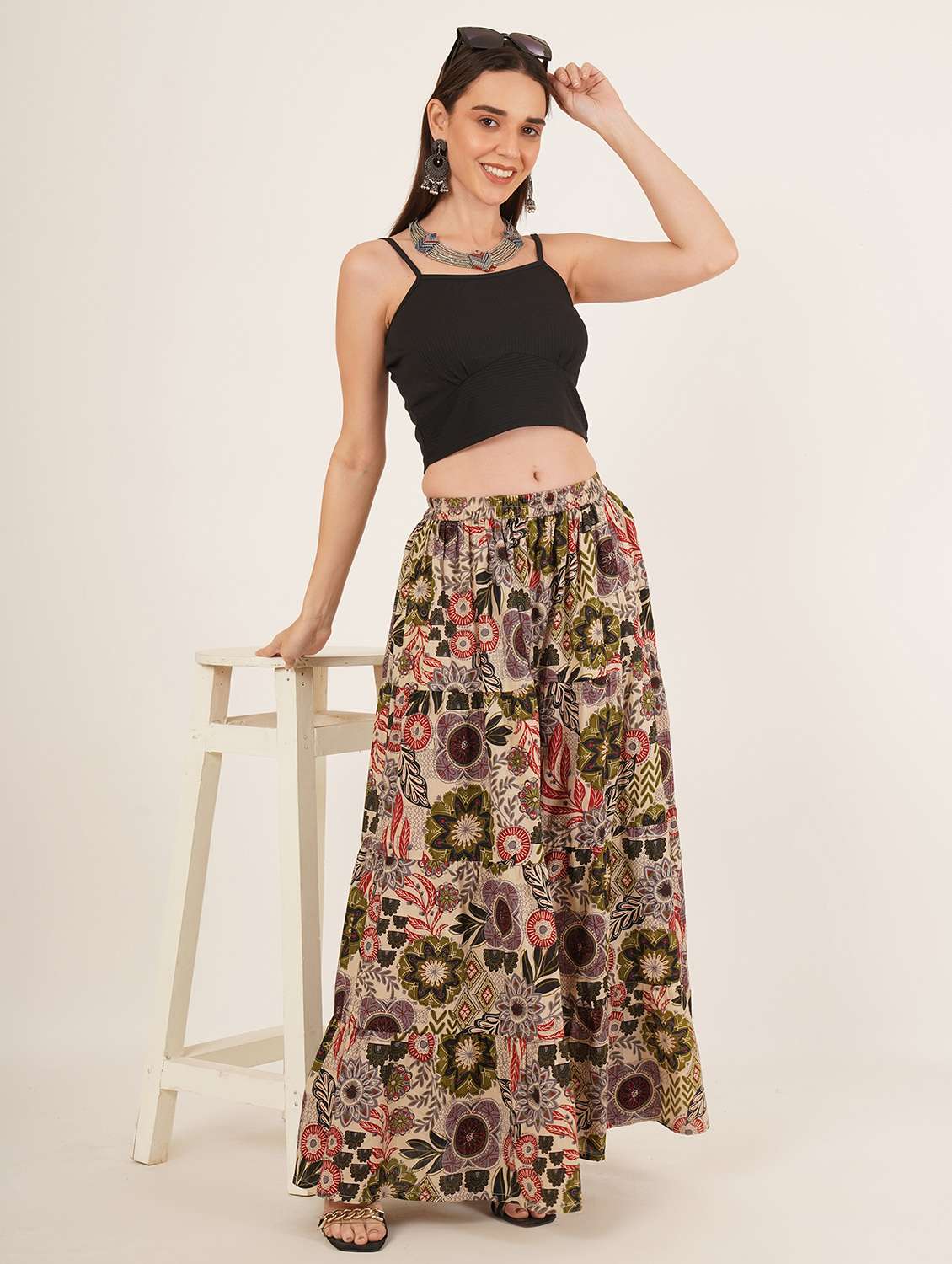 women printed high rise tiered maxi skirt - 22076354 - Standard Image - 5