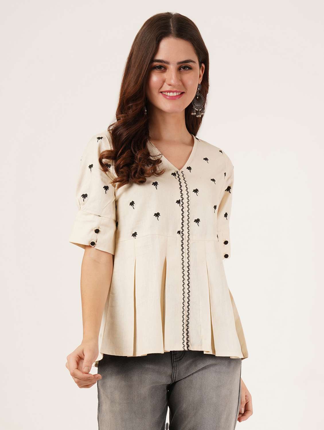 women embroidered puff sleeve a-line top - 22076356 -  Zoom Image - 0
