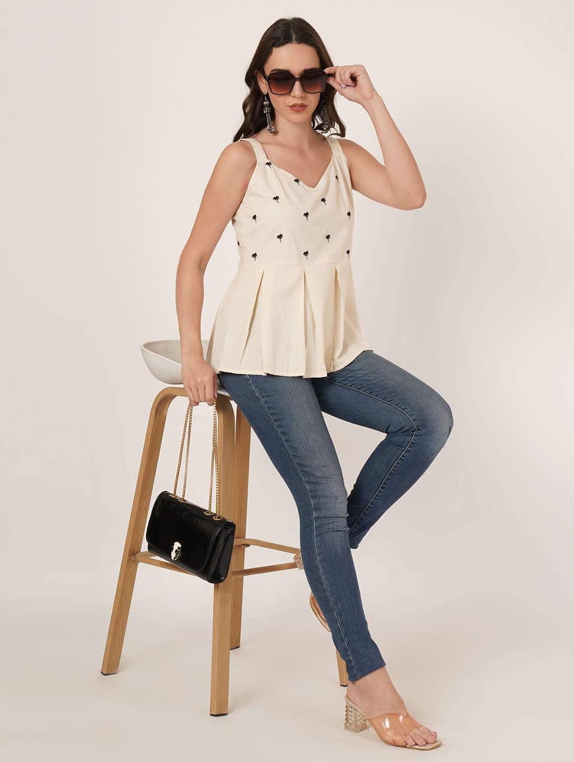 women embroidered shoulder strap peplum top - 22076368 - Standard Image - 5