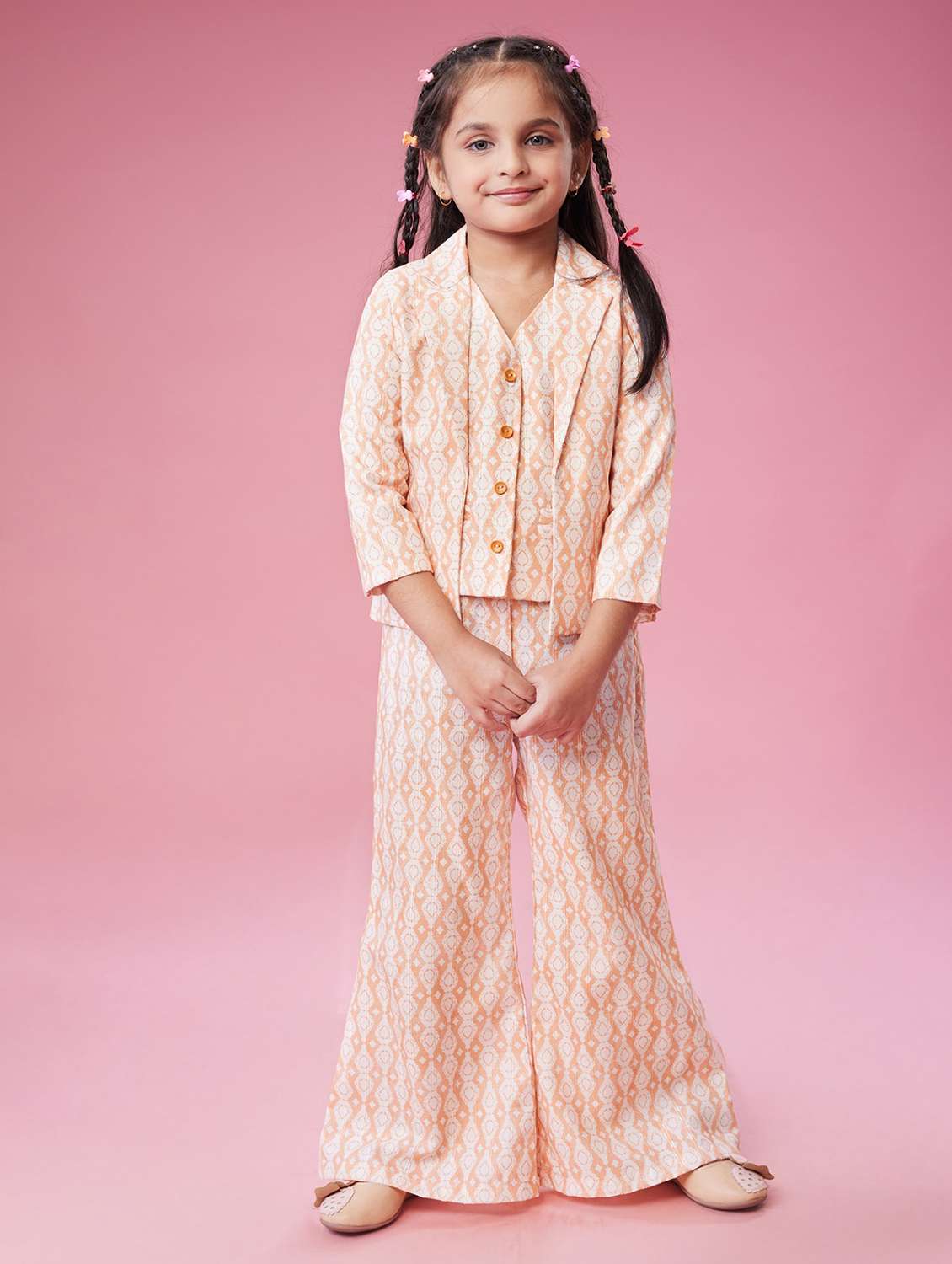 girls printed top and pant with jacket co-ord set