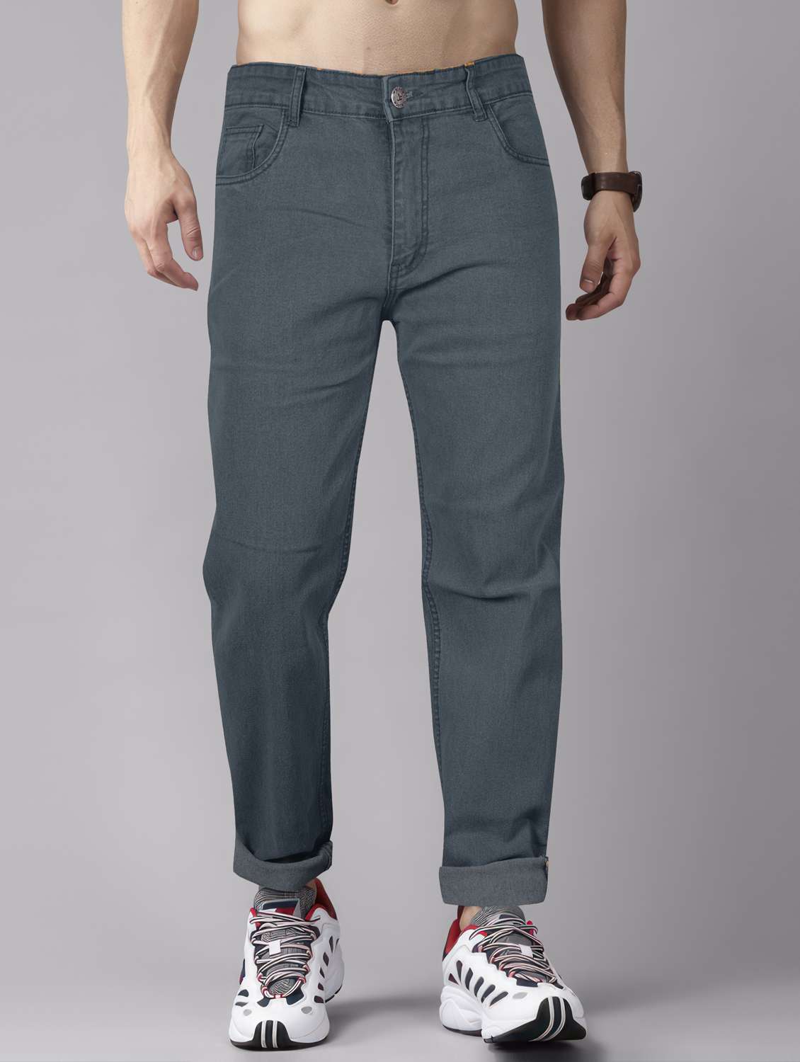 men plain mid rise full length jeans